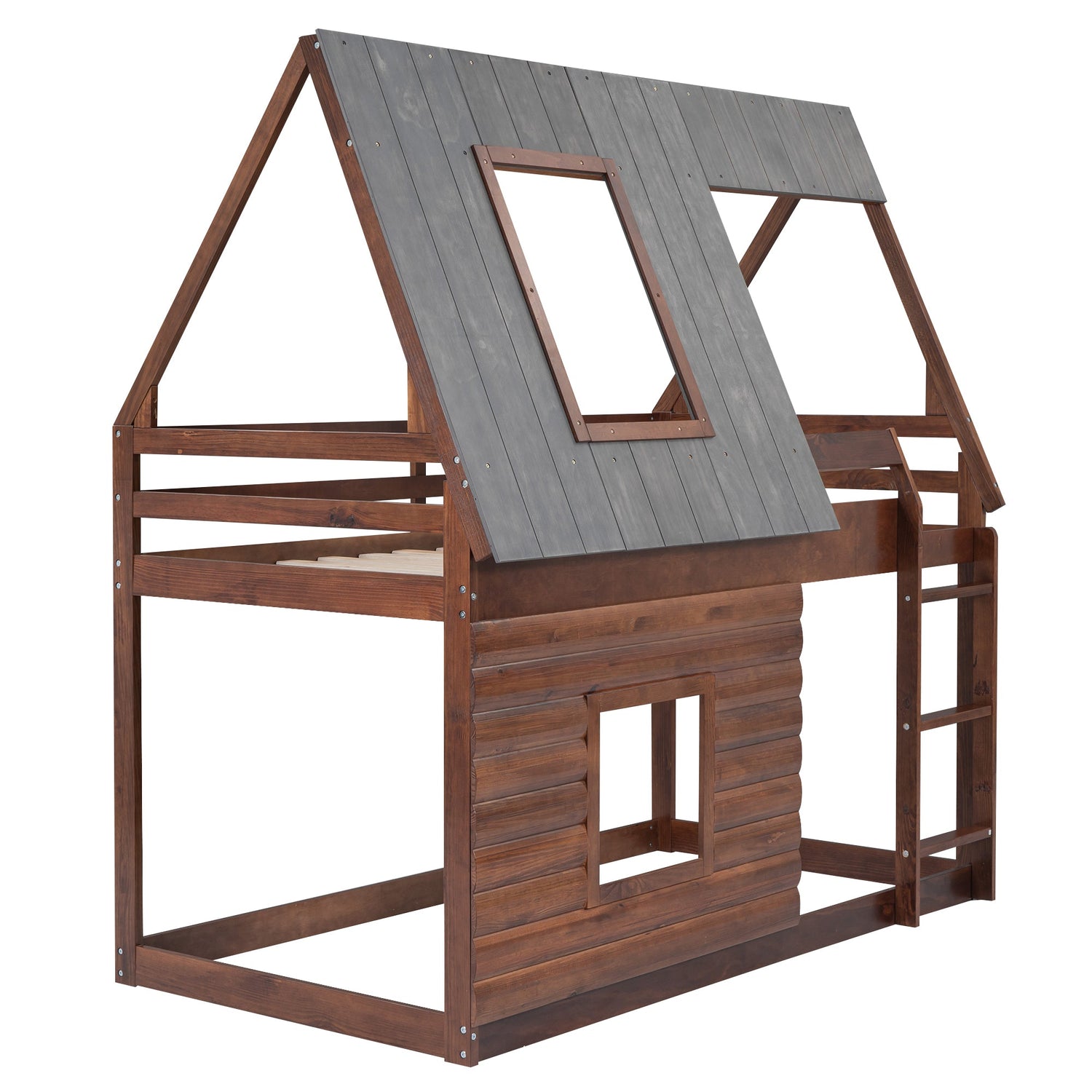 Wood Twin Size House Bunk Bed with Roof, Ladder and 2 Windows, Oak &amp; Smoky Grey