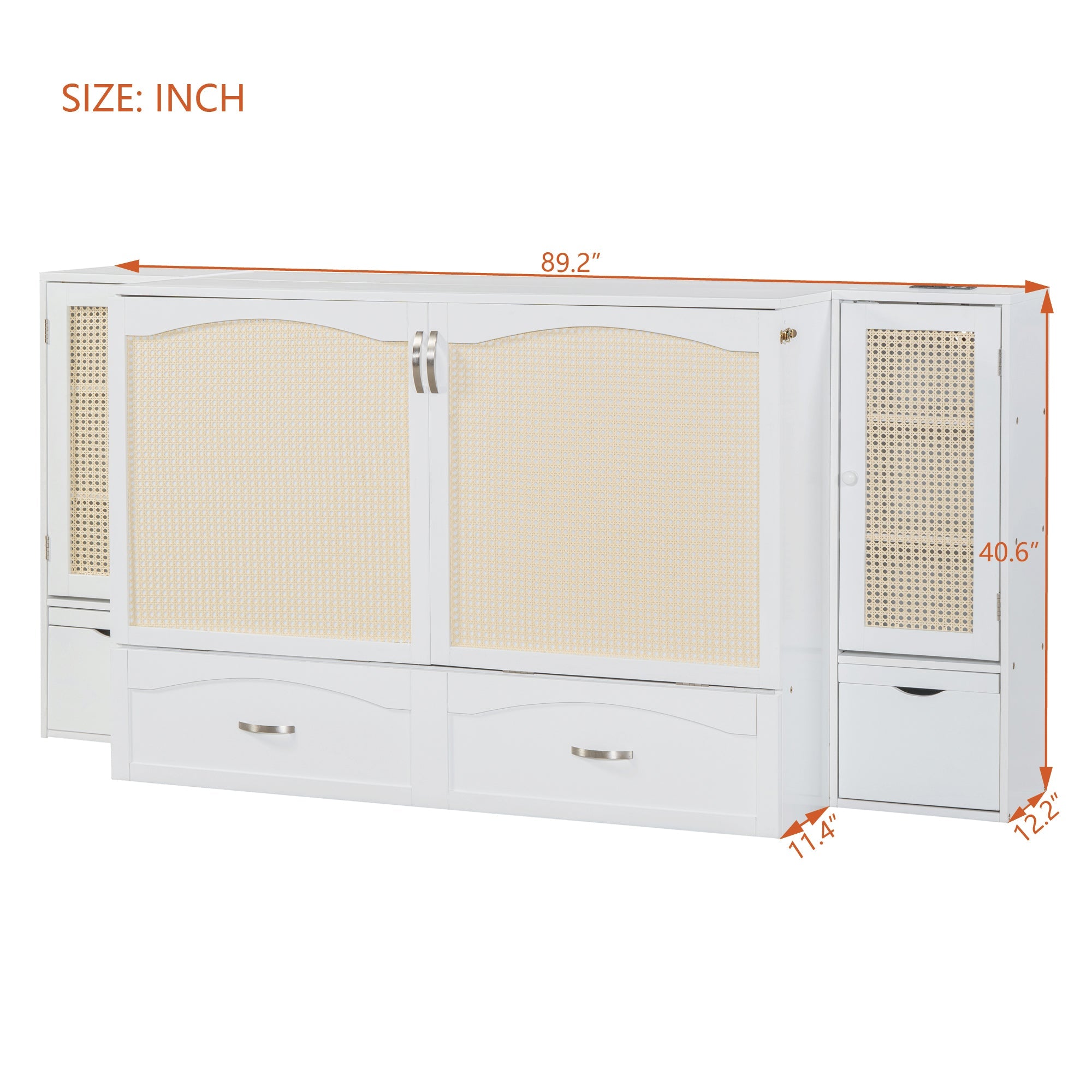 Large Murphy bed wall mounted bed with drawers, 2 storage cabinets, 1 set of sockets and USB ports, white