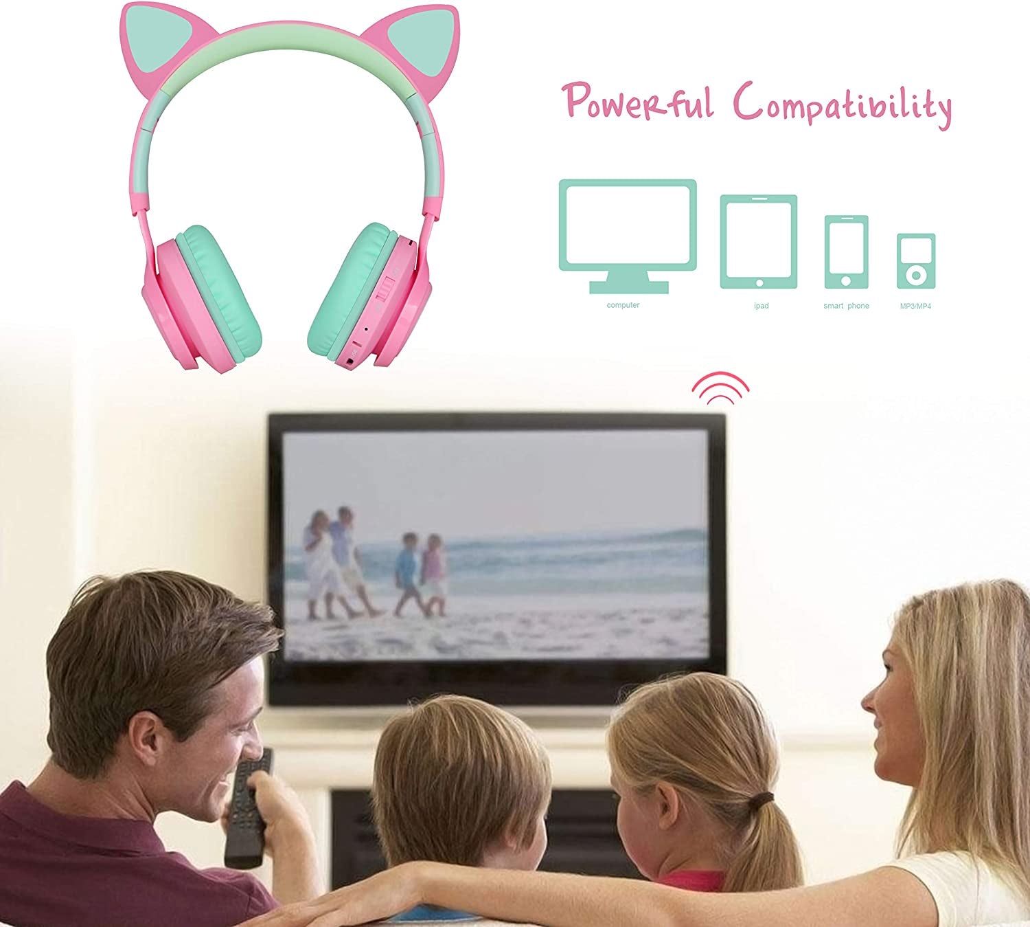 CT-7 Cat Ear Kids Bluetooth Headphones, LED Light up Bluetooth Wireless over Ear Headphones with Microphone and Volume Control for Travel/School/Smartphones/Laptop/Pc/Tv (Pink&amp;Green)