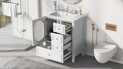 30" Bathroom Vanity with Sink, Bathroom Vanity Cabinet with Three Drawers and Door, Solid Wood and MDF, White