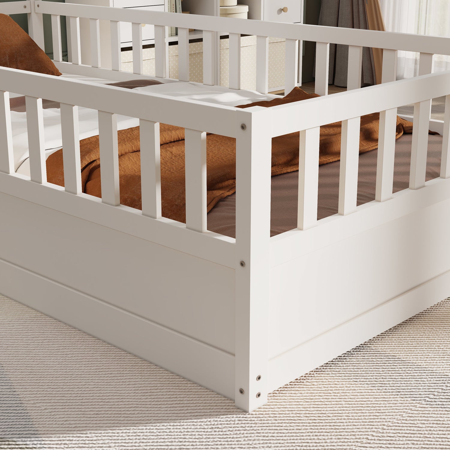 Double bed floor standing bed with ultra-high safety barrier, children&