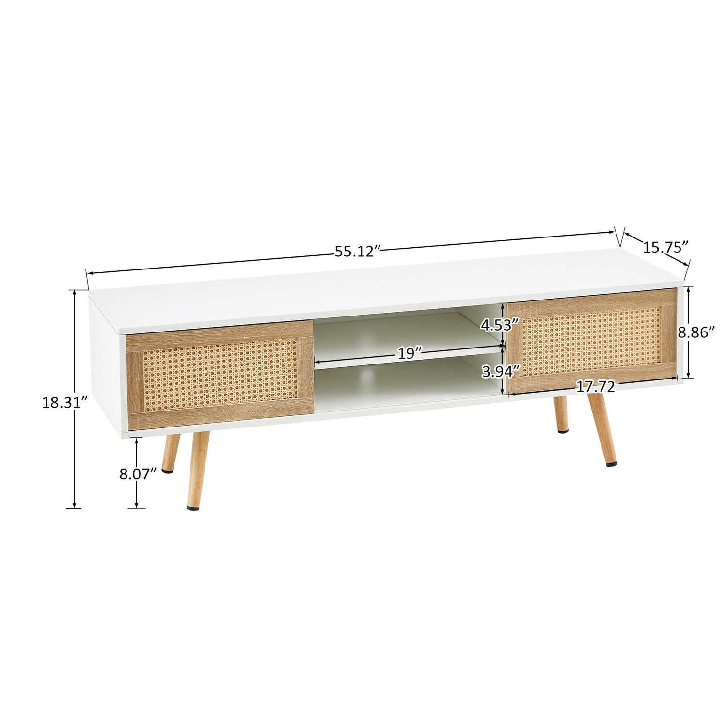 55.12" Rattan TV cabinet double sliding doors for storage adjustable shelf solid wood legs TV console for living room  White