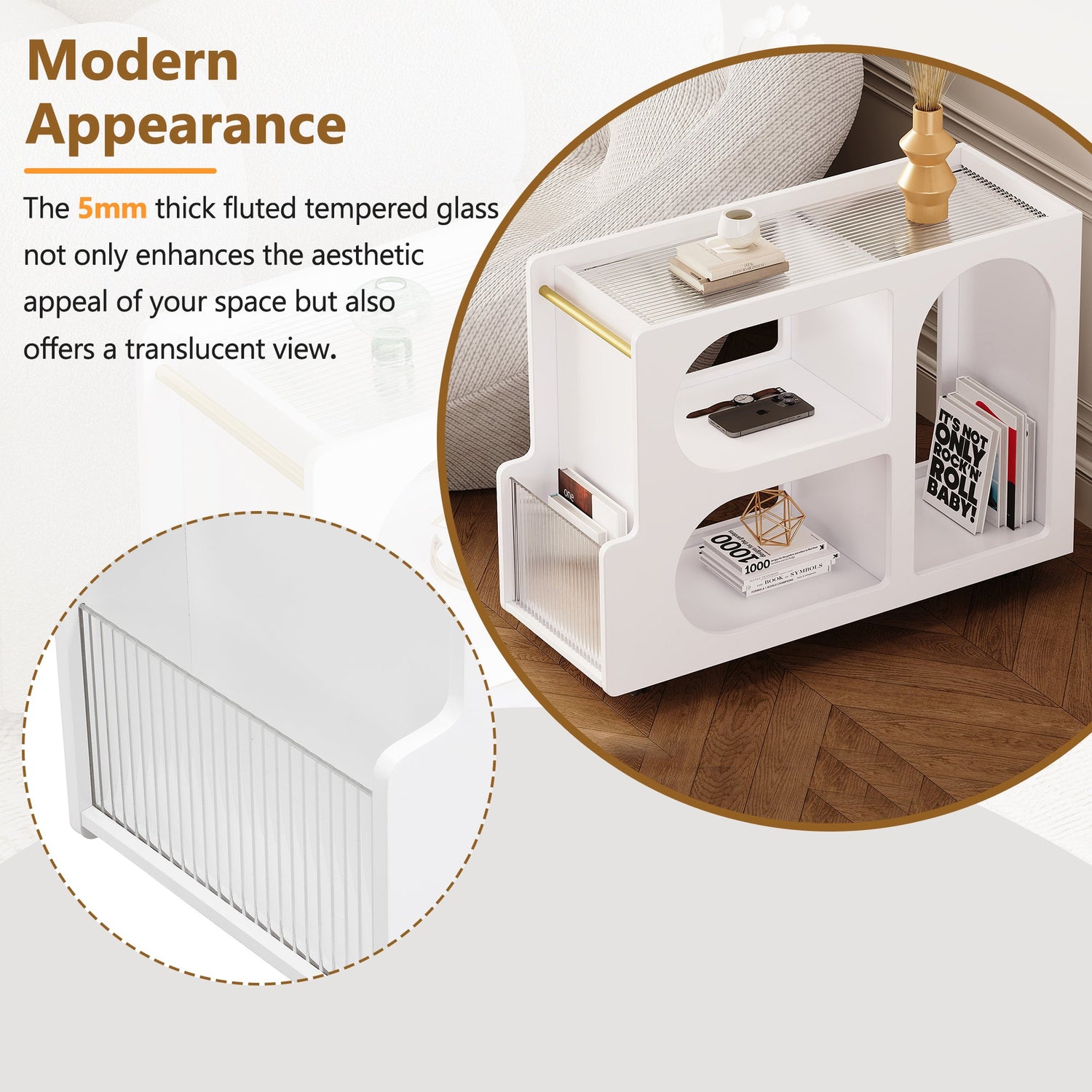 Stylish mobile desk with lockable wheels, white bedside table with 5mm thick grooved tempered glass and gold round bars
