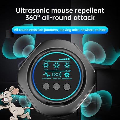 4-in-1 ultrasonic rodent repellent, 360° electronic rat repellent, repels indoor flies, cockroaches &amp; mosquitoes.