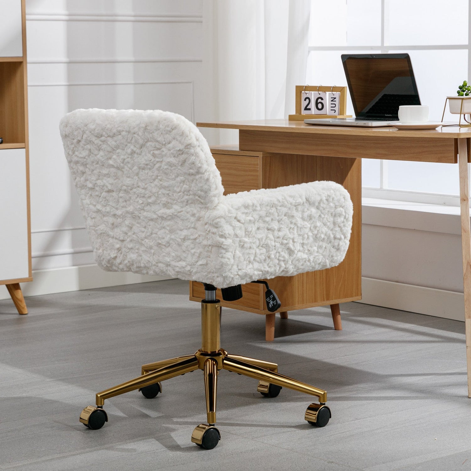 Artificial rabbit hair gold metal base home office chair adjustable chair rotating office chair, dressing chair (beige)