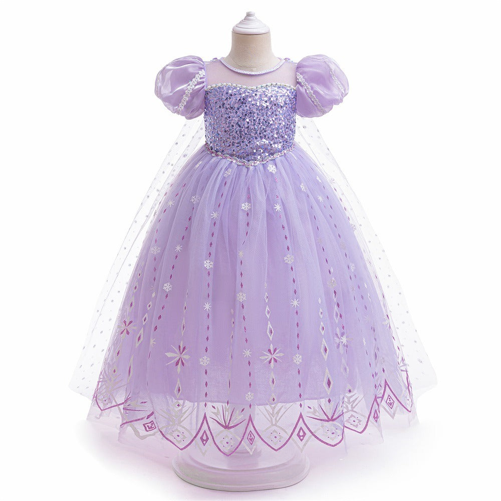Frozen 2 Elsa Princess Dress Purple Bubble Sleeves Pearl Mesh Girls&