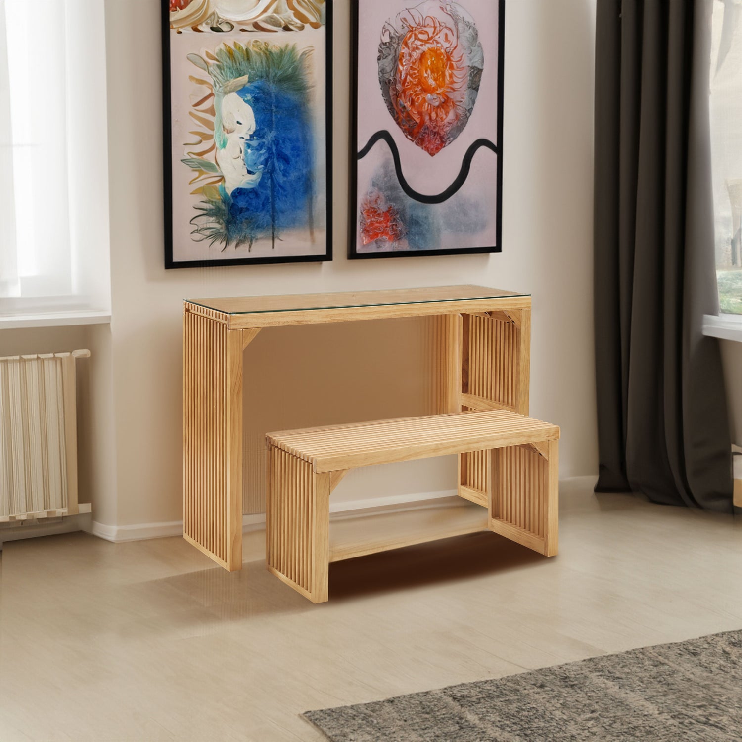 Dining Bench and Table, Pine Indoor Wood Bench for Entryway,Living Room,Kitchen and Bedroom Table (Nature, Long Bench &amp; Table)
