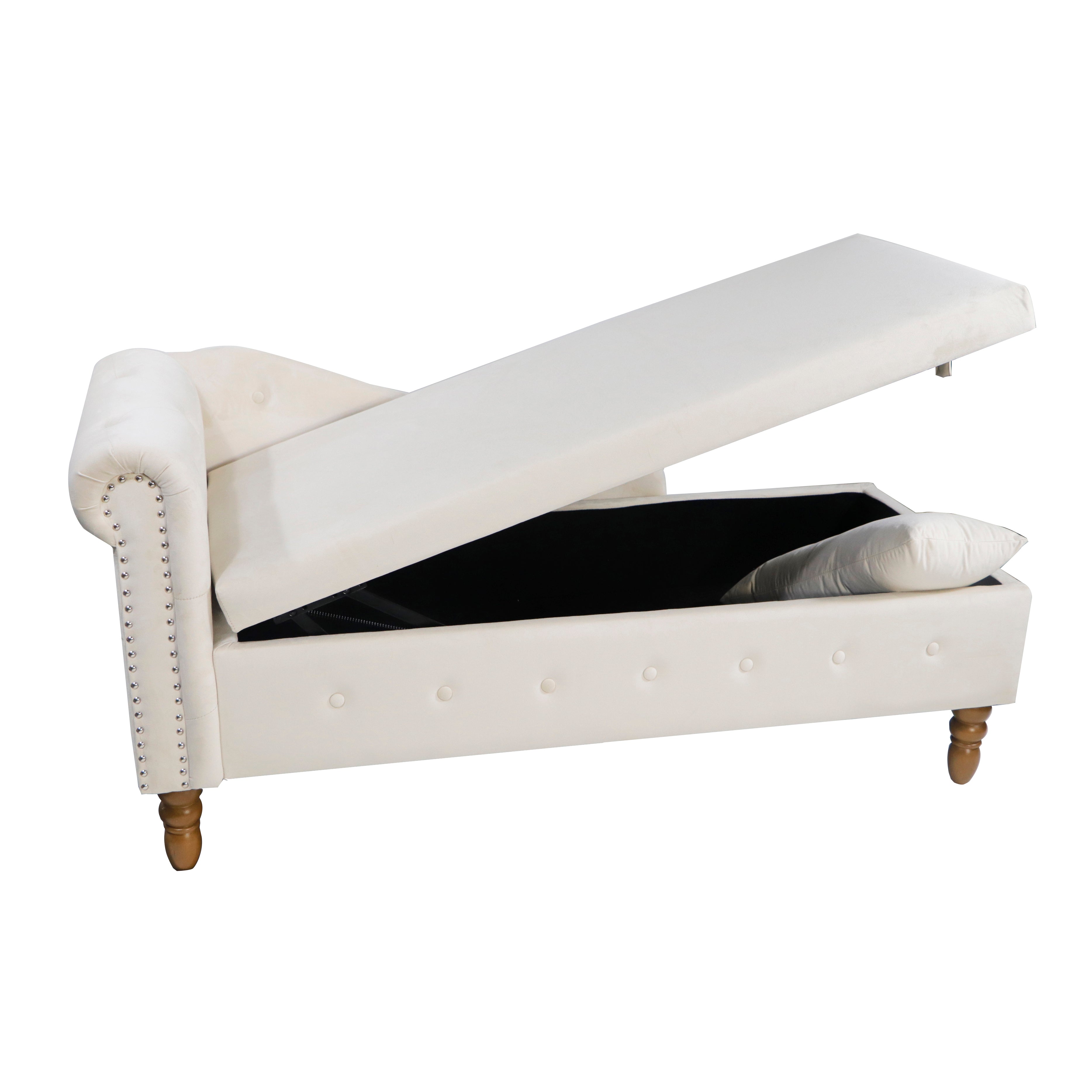 Beige Chaise Lounge Indoor Velvet Lounge Chair for Bedroom with Storage &amp; Pillow Modern Upholstered Rolled Arm Chase Lounge