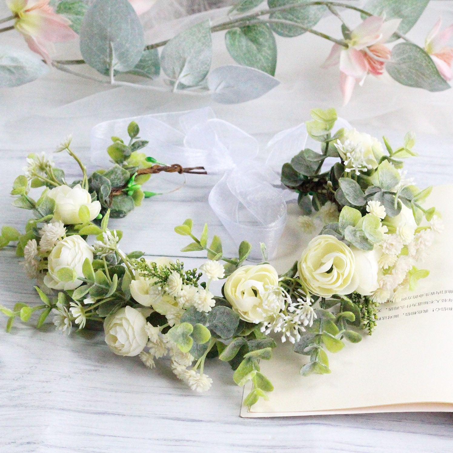 Forest style curled edge rose headband, simulated starry sky, eucalyptus wreath, bride&