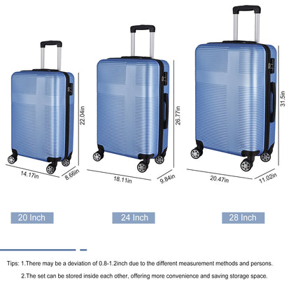 3 Piece Luggage with TSA Lock ABS, Durable Luggage Set, Spinner Wheels Cross Stripe Luggage Sets 20in/24in /28in Light Blue
