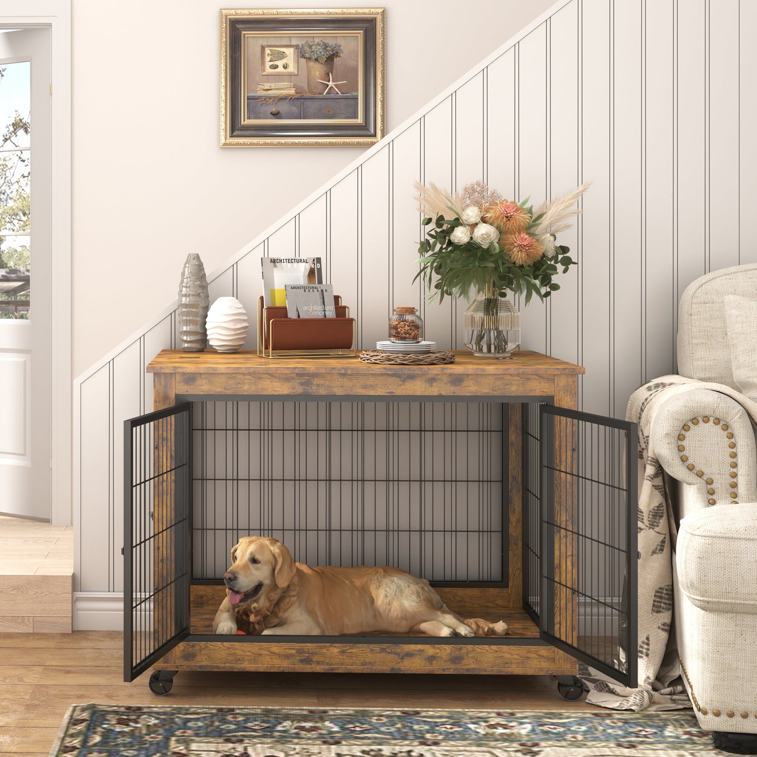 Furniture Dog Cage Crate with Double Doors, Rustic Brown, 38.58&