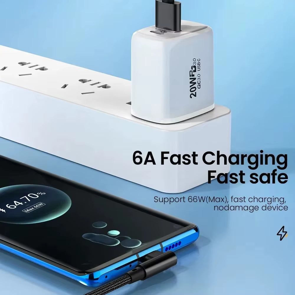 66W 6A USB C 90° Right Angle Cable for Xiaomi Fast Charging Cord for Honor Huawei Oneplus Realme Angled Data Wire Nylon