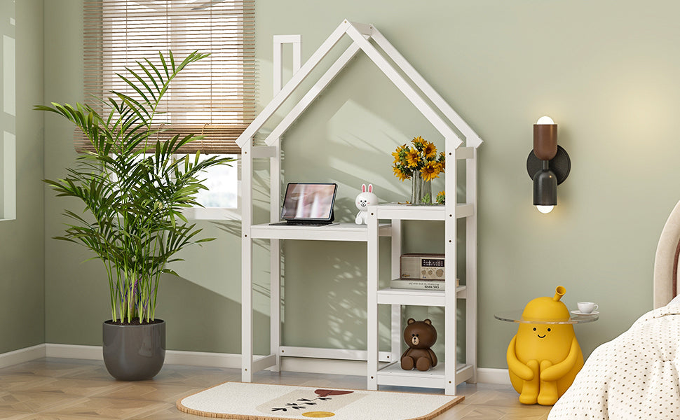 House-shaped Wooden writing Desk,Kids study Table,Bookshelf &amp; Toy Storage,White
