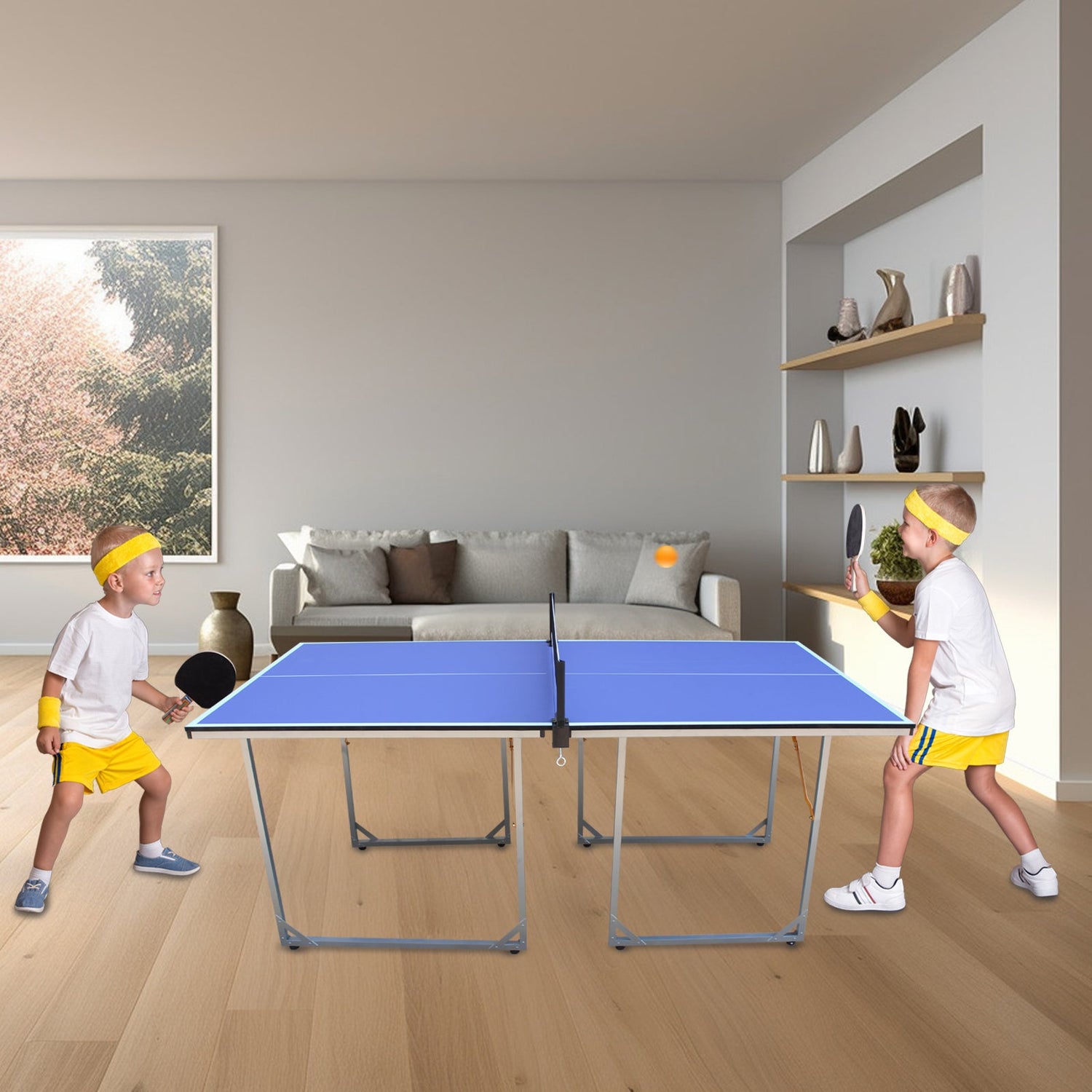 6ft Mid-Size Table Tennis Table Foldable &amp; Portable Ping Pong Table Set for Indoor &amp; Outdoor Games with Net