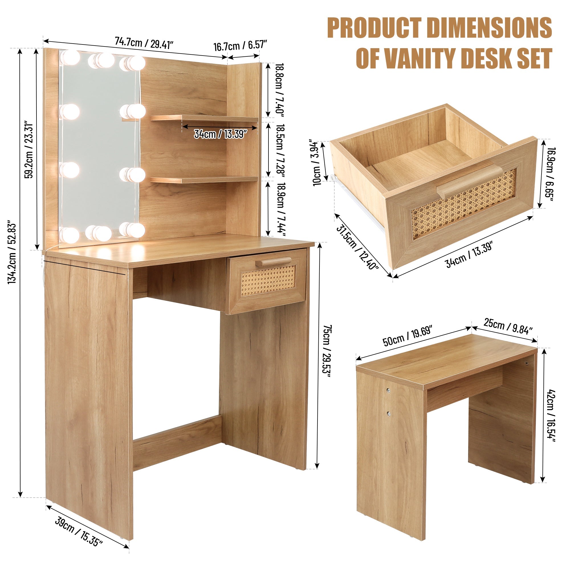 Vanity Desk Set Stool &amp; Dressing Table with LED Lighting Mirror Drawer and Wood Cosmetic Table Chest of Drawers Nature Color