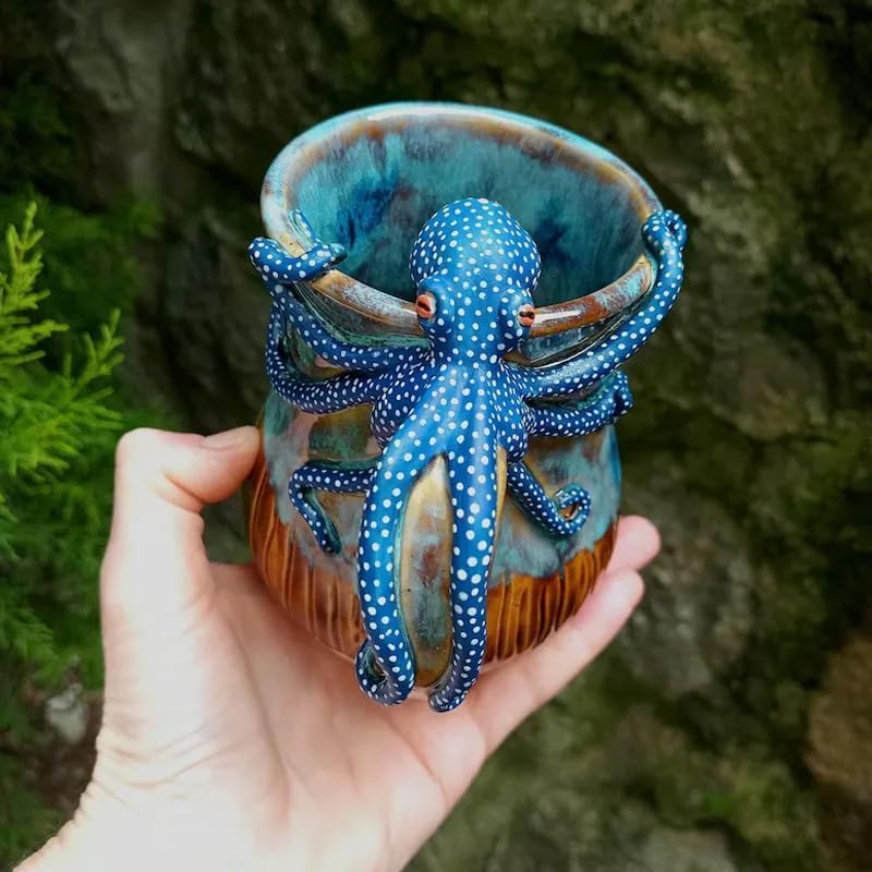 Handmade Deep Blue Octopus Mug. For Hot &amp; Cold Drinks
