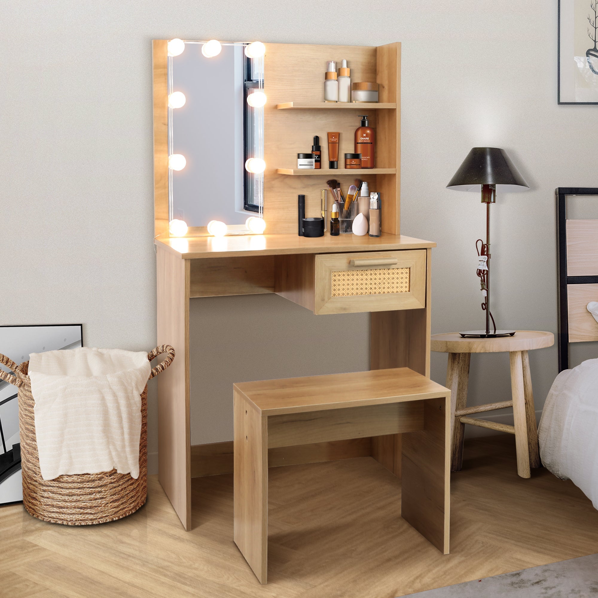 Vanity Desk Set Stool &amp; Dressing Table with LED Lighting Mirror Drawer and Wood Cosmetic Table Chest of Drawers Nature Color