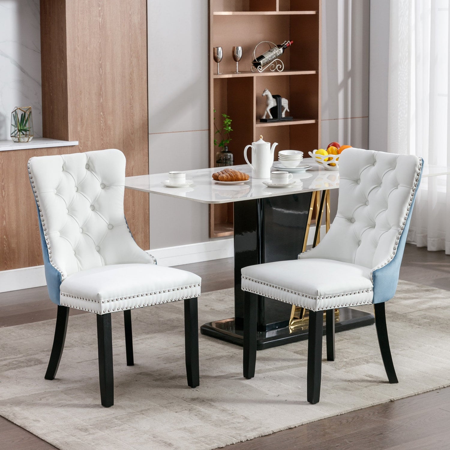A&amp;A Furniture Nikki Collection Modern High-end Tufted Solid Wood Contemporary PU 2-Pcs Set White+Light Blue