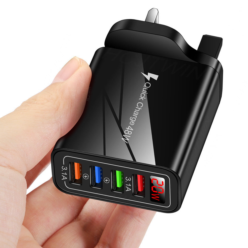 4 USB digital display mobile phone charger, European, American and British standard multi port charger with display screen
