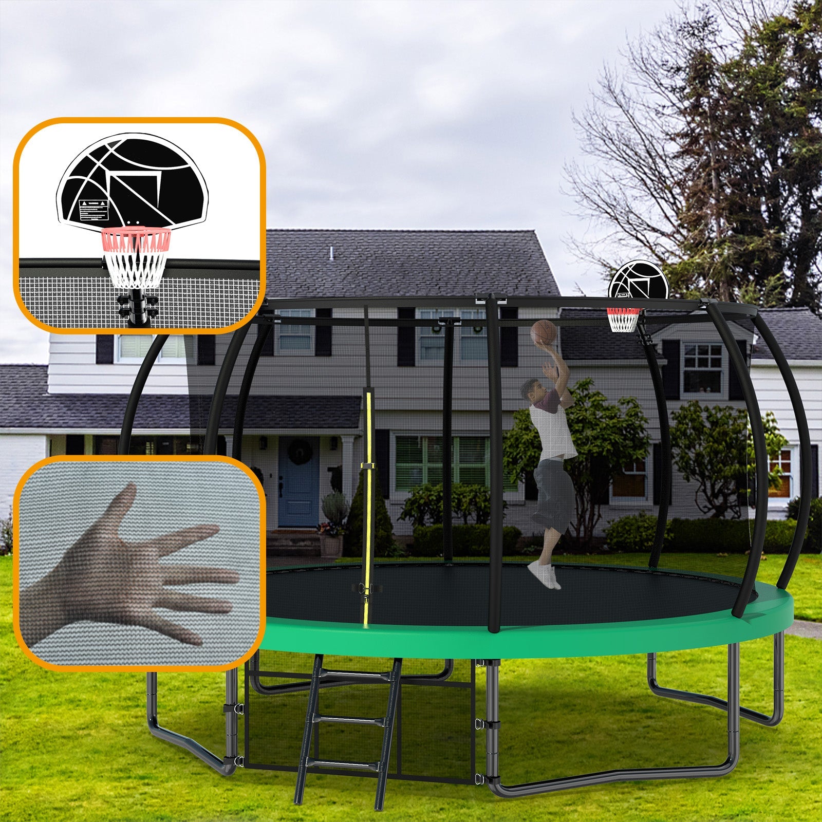 12FT Recreational Kids Trampoline with Safety Enclosure Net &amp; Ladder, Outdoor Recreational Trampolines