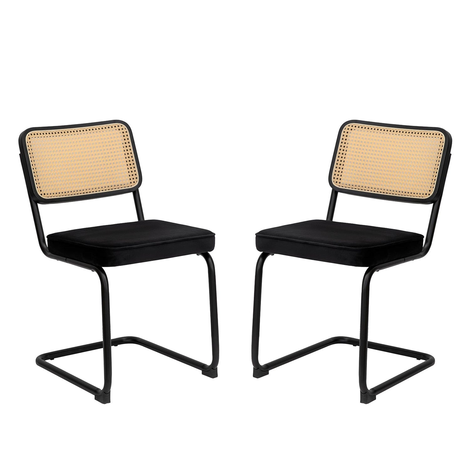 Dining Chairs Set of 2 velvet wicker side decorative chairs, black painted legs, modern medieval Bruell designed chairs,