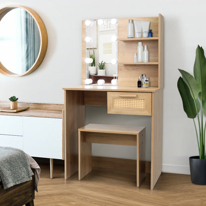 Vanity Desk Set Stool &amp; Dressing Table with LED Lighting Mirror Drawer and Wood Cosmetic Table Chest of Drawers Nature Color