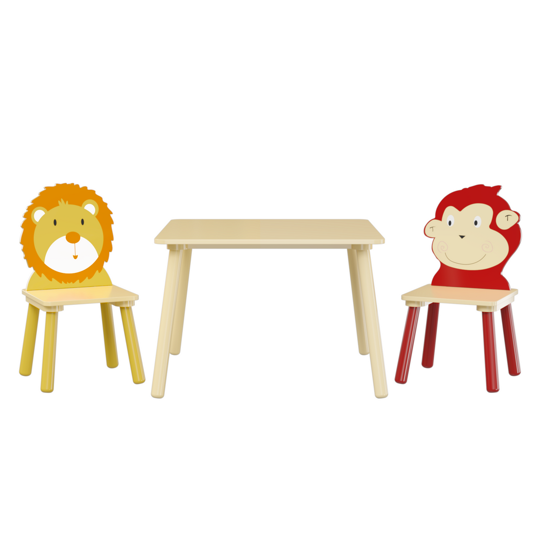 Kids Table and 2 Chairs Set 3 Pieces Toddler Table and Chair Set Wooden Activity Play Table Set (Lion&amp;Monkey)