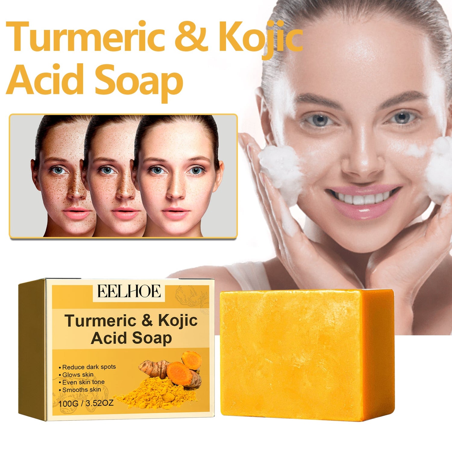 Turmeric &amp; Kojic Acid Soap, Gently Clean Face Fade Spots Brighten Skin Tone Moisturize And Moisturize Even Skin Tone