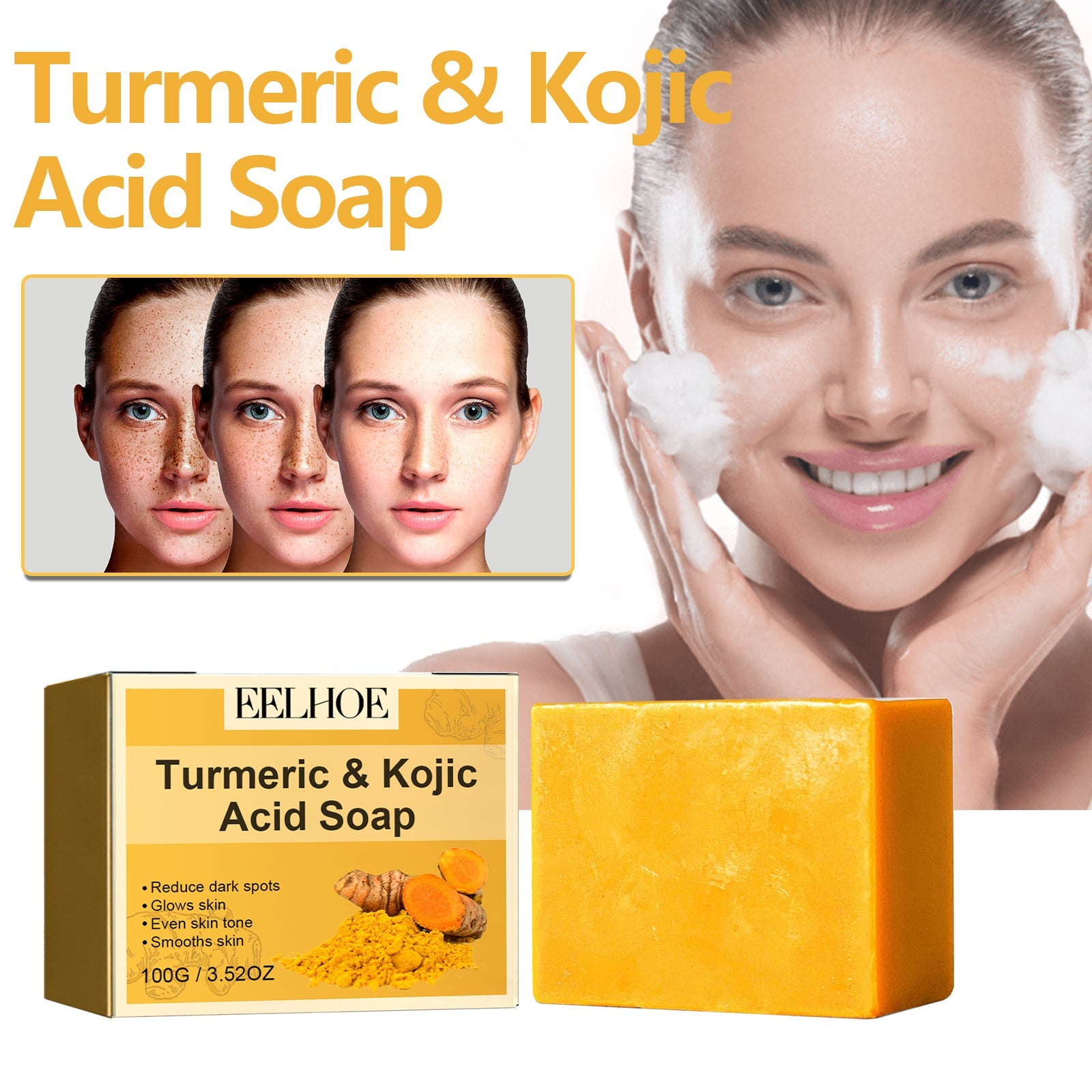Turmeric &amp; Kojic Acid Soap, Gently Clean Face Fade Spots Brighten Skin Tone Moisturize And Moisturize Even Skin Tone
