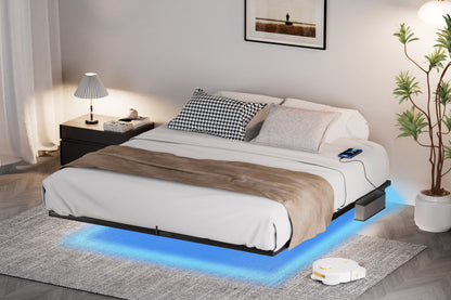 Floating Bed Frame King Size with LED Lights ＆ charging station, Metal Platform Queen Bed, 79.9&