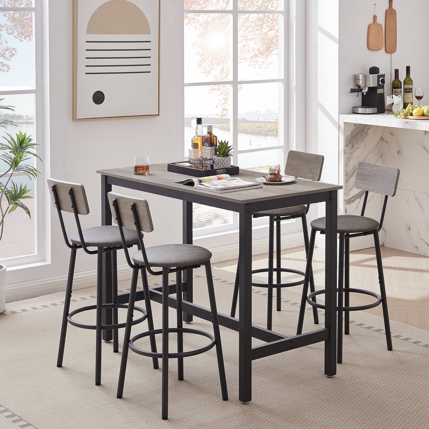 Bar Table Set with 4 Bar stools PU Soft seat with backrest Grey 47.24&