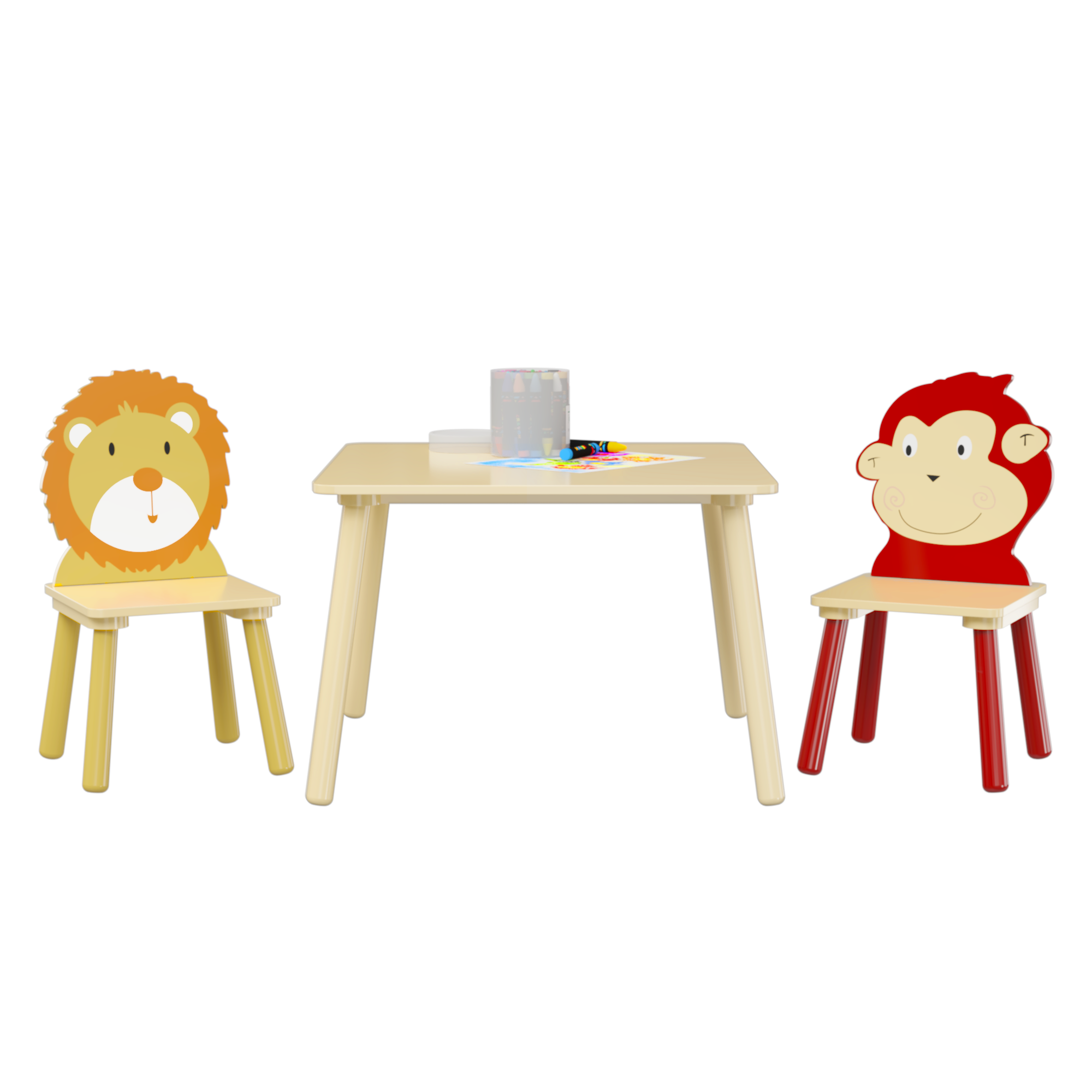 Kids Table and 2 Chairs Set 3 Pieces Toddler Table and Chair Set Wooden Activity Play Table Set (Lion&amp;Monkey)