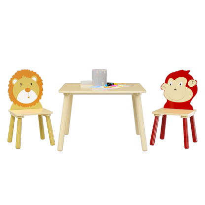 Kids Table and 2 Chairs Set 3 Pieces Toddler Table and Chair Set Wooden Activity Play Table Set (Lion&amp;Monkey)