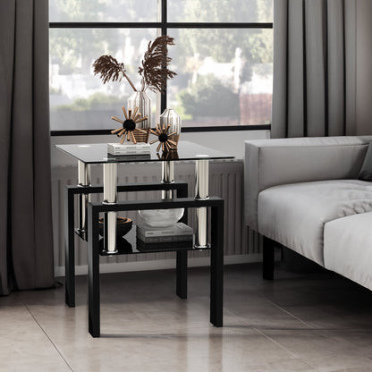 1-Piece Modern Tempered Glass Tea Table Coffee Table End Table, Square Table for Living Room, Black