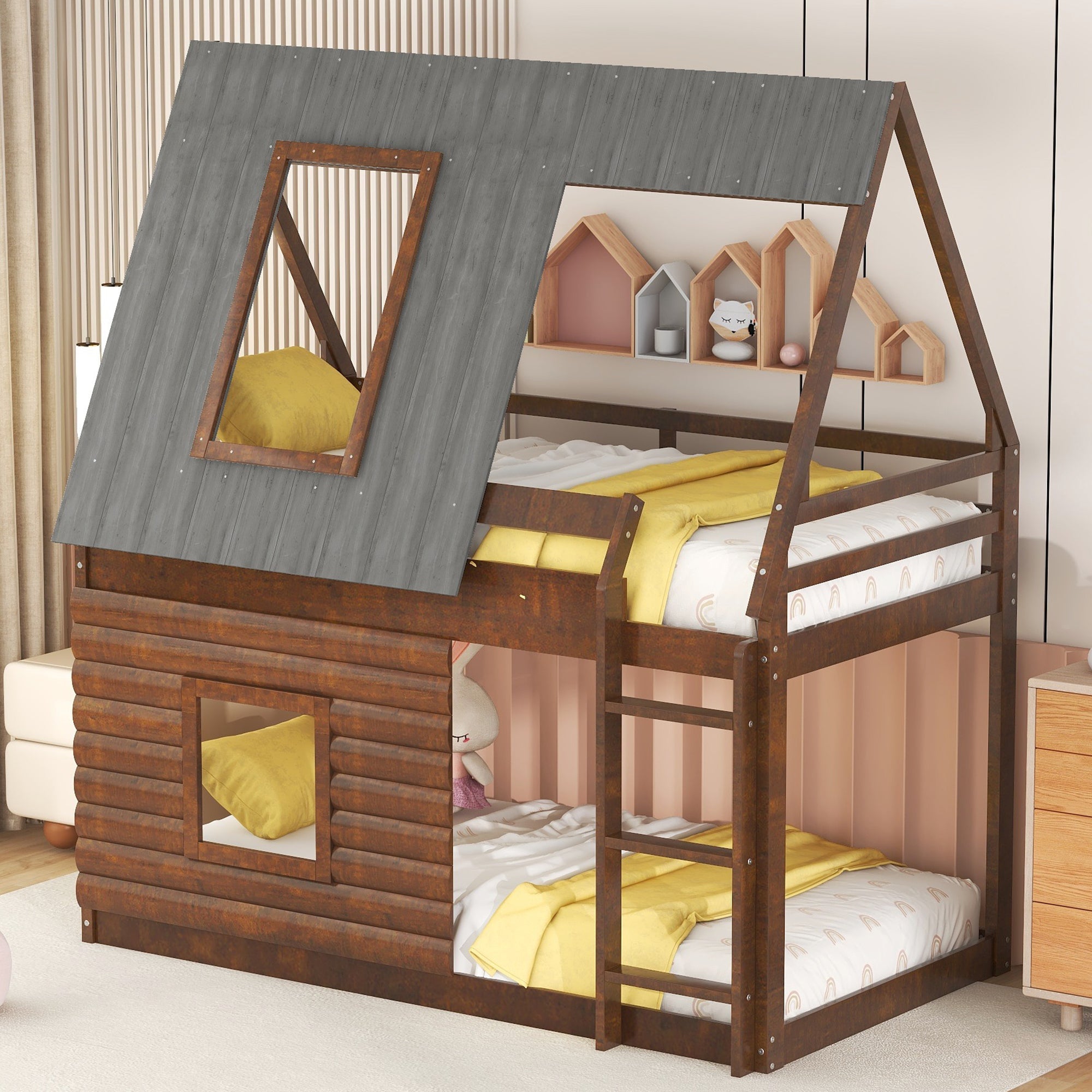 Wood Twin Size House Bunk Bed with Roof, Ladder and 2 Windows, Oak &amp; Smoky Grey