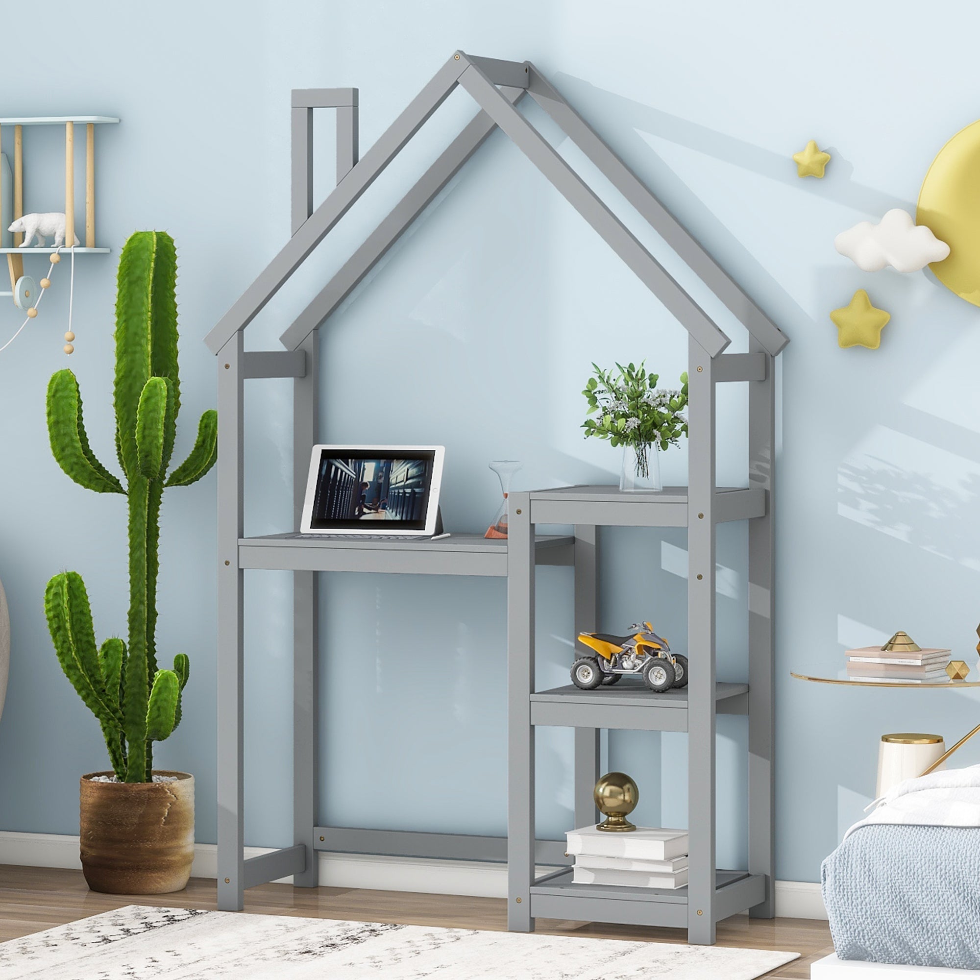 House-shaped Wooden writing Desk,Kids study Table,Bookshelf &amp; Toy Storage,Grey