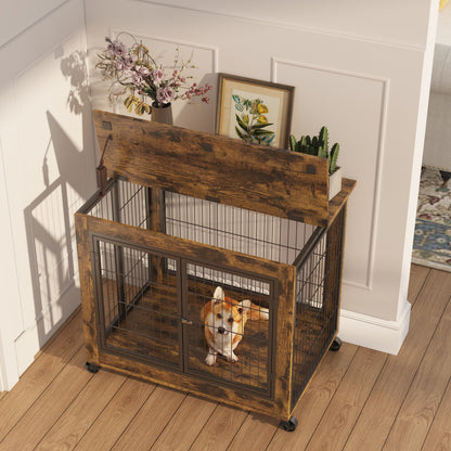 Furniture Style Dog Crate Side Table on Wheels with Double Doors and Lift Top. Rustic Brown, 31.50&