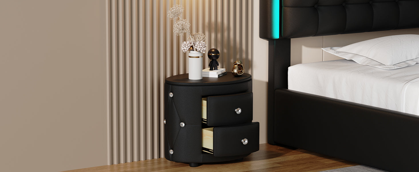 Elegant PU Nightstand with 2 Drawers and Crystal Handle,Fully Assembled Except Legs&amp;Handles,Storage Bedside Table - Black
