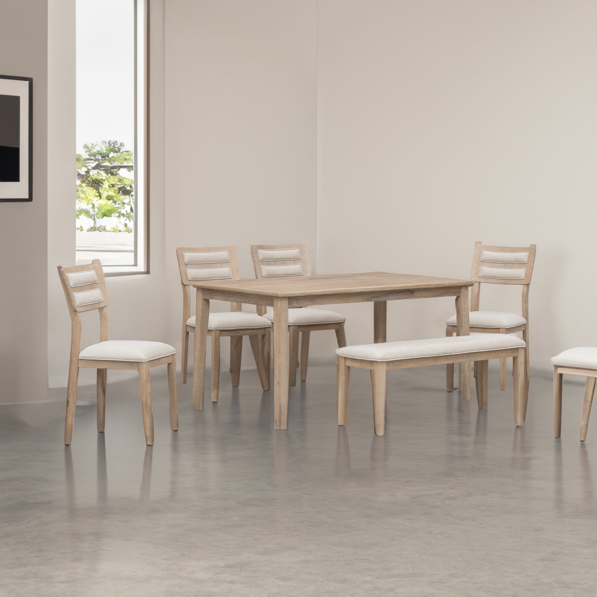 TREXM Classic and Traditional Style 6 - Piece Dining Set, Includes Dining Table, 4 Upholstered Chairs &amp; Bench (Natural Wood Wash）