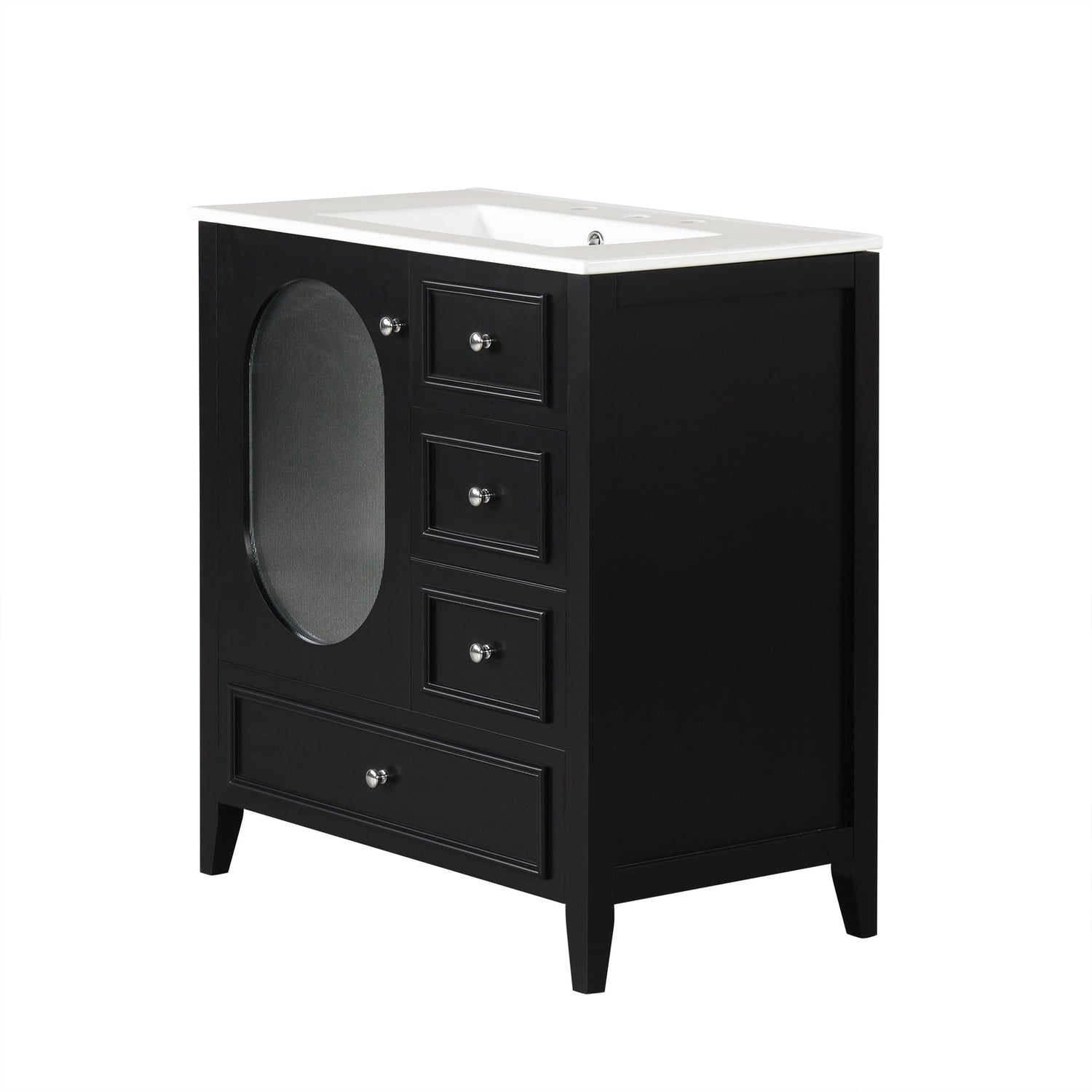 30" Bathroom Vanity with Sink, Bathroom Vanity Cabinet with Three Drawers and Door, Solid Wood and MDF, Black
