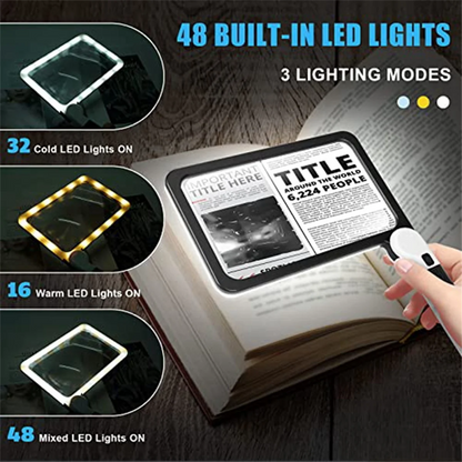 Full-Page 5X Magnifying Glass for Reading, Folding Lighted Magnifier with 48 LED Lights, Rectangular Handhold Magnifier