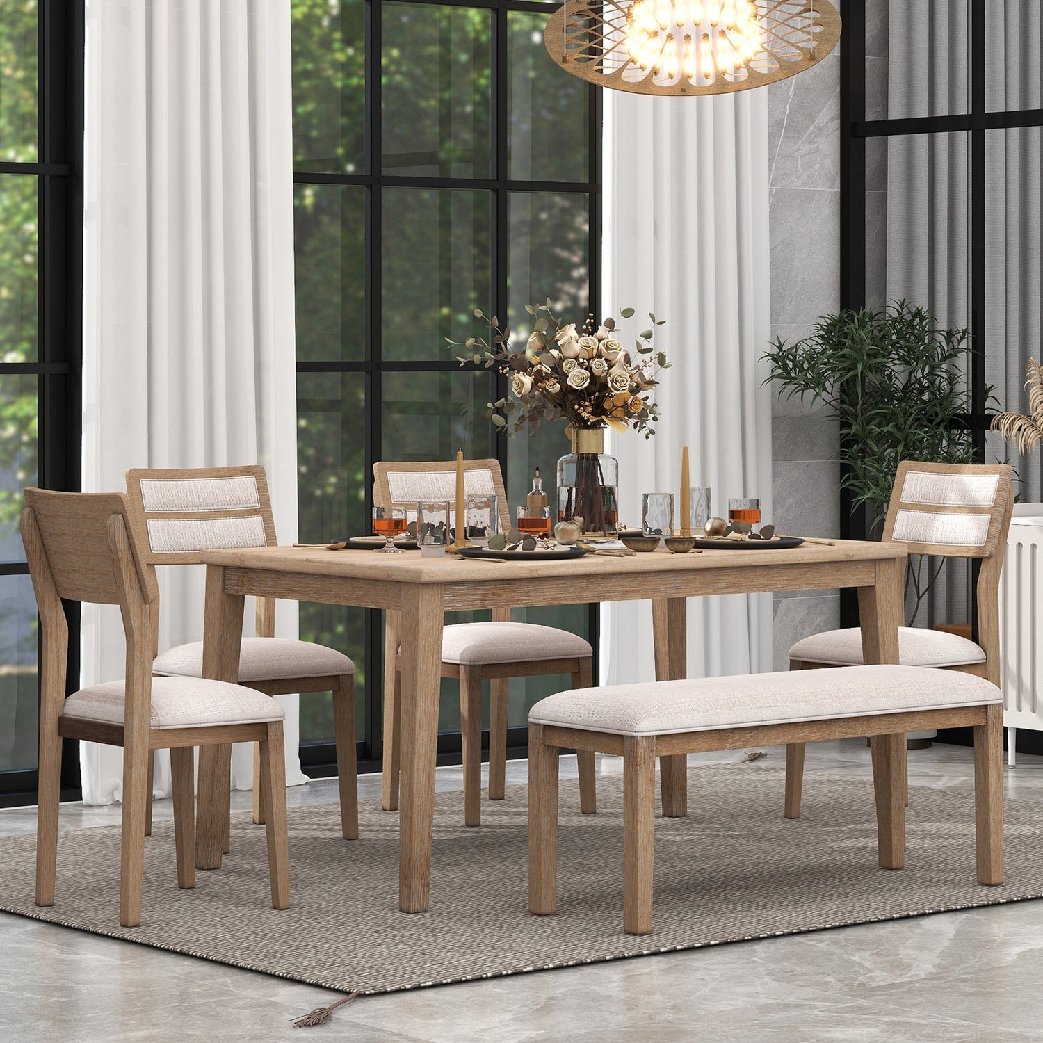 TREXM Classic and Traditional Style 6 - Piece Dining Set, Includes Dining Table, 4 Upholstered Chairs &amp; Bench (Natural Wood Wash）