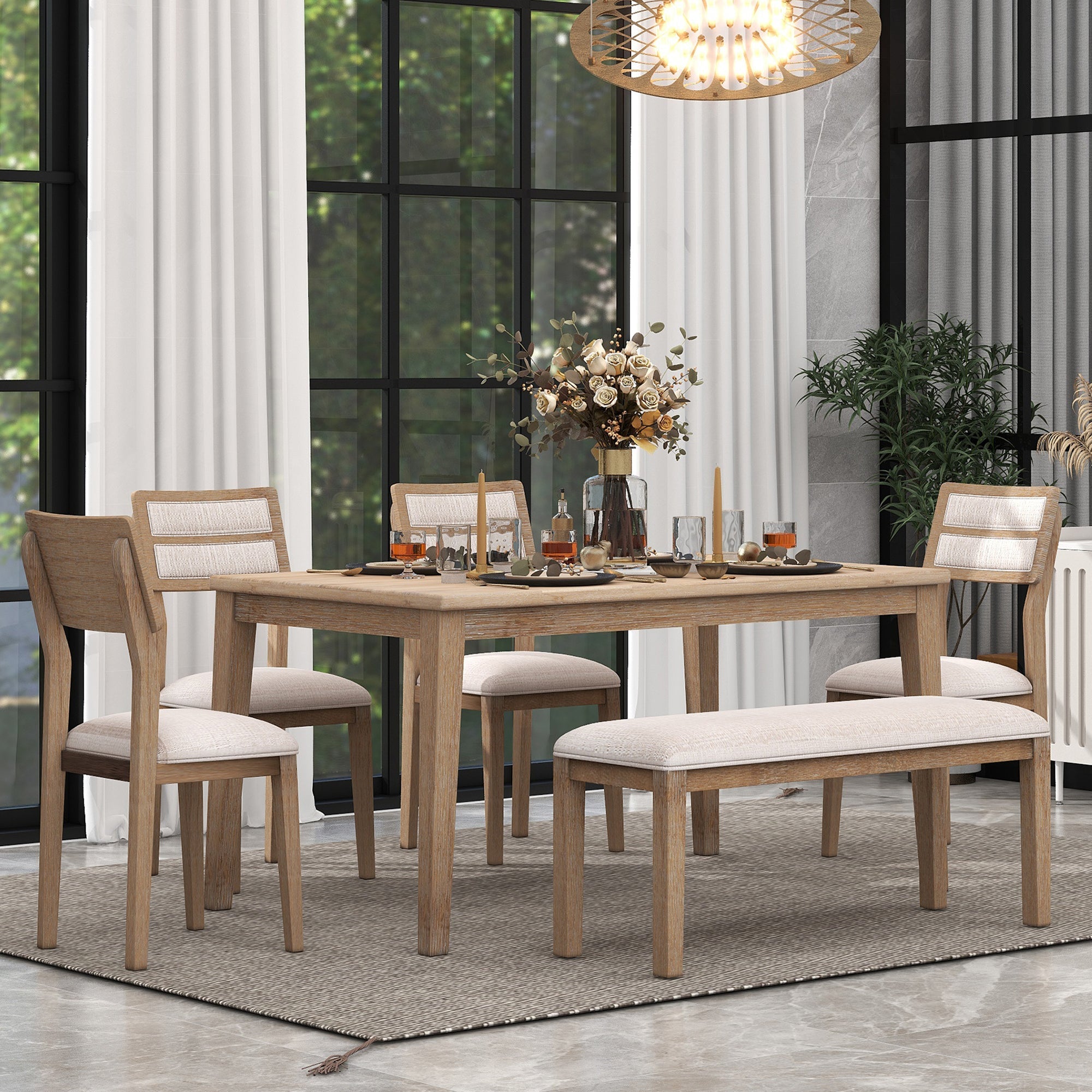 TREXM Classic and Traditional Style 6 - Piece Dining Set, Includes Dining Table, 4 Upholstered Chairs &amp; Bench (Natural Wood Wash）