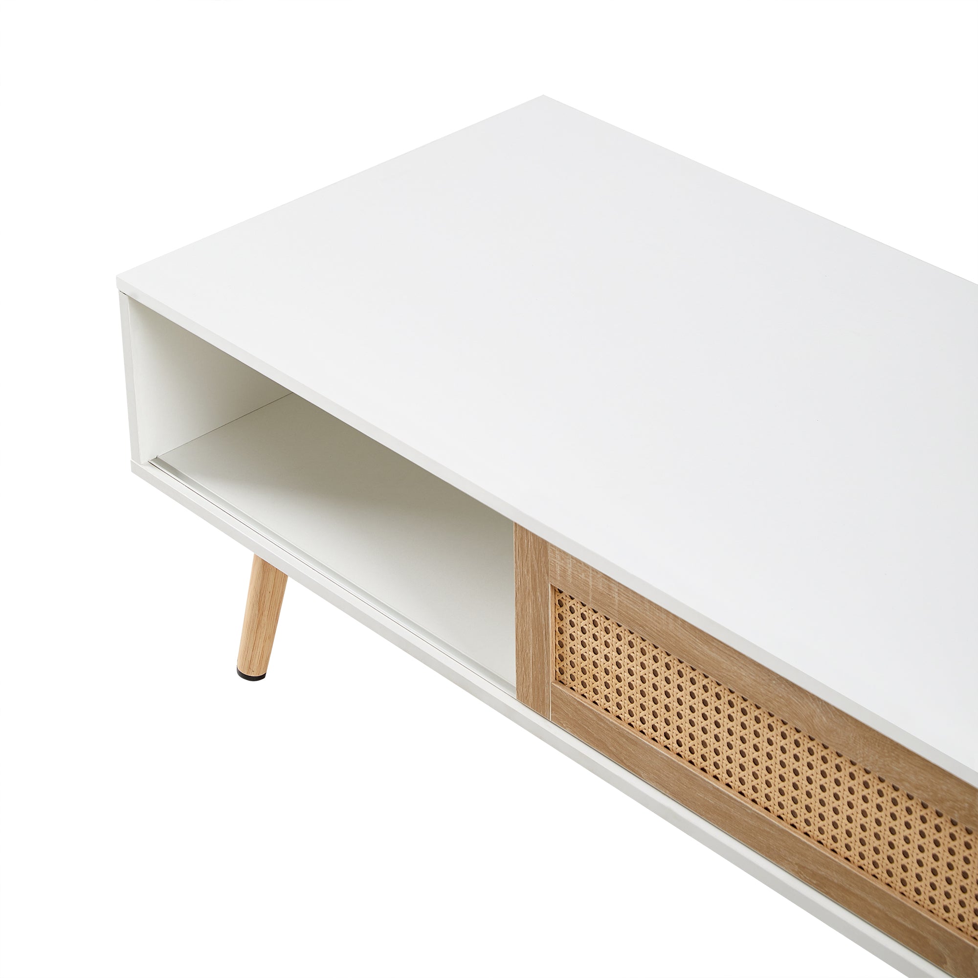 41.34" Rattan Coffee table sliding door for storage solid wood legs White