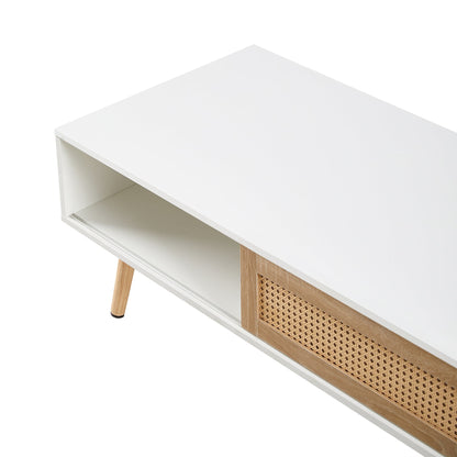 41.34" Rattan Coffee table sliding door for storage solid wood legs White