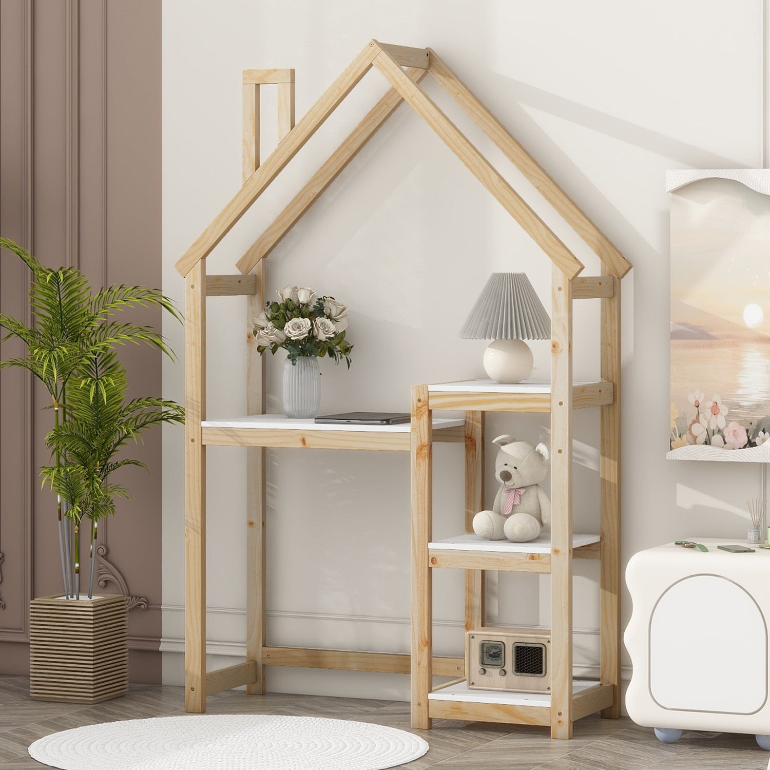 House-shaped Wooden writing Desk Kids study Table Bookshelf &amp; Toy Storage Natural