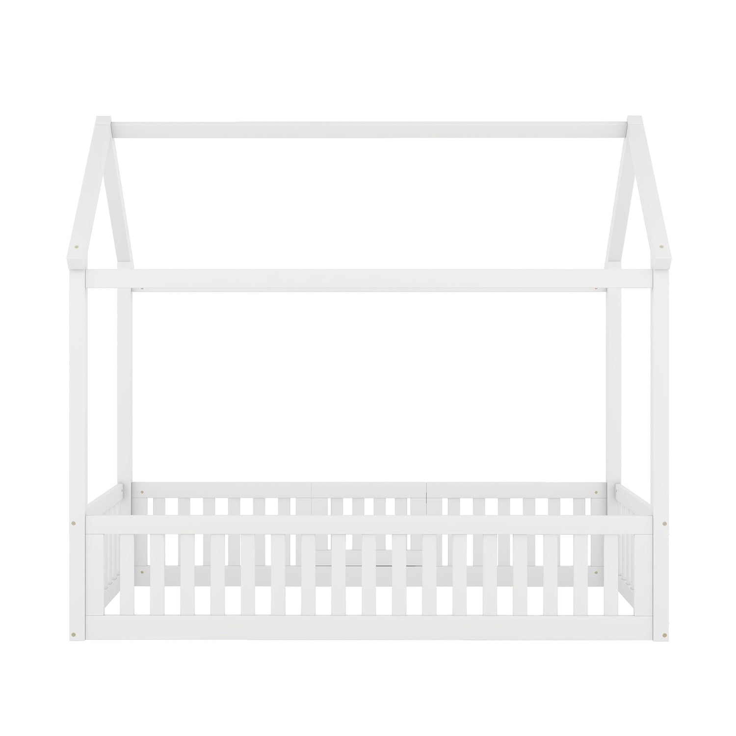 Twin Size Wood House Bed with Fence and Door, White