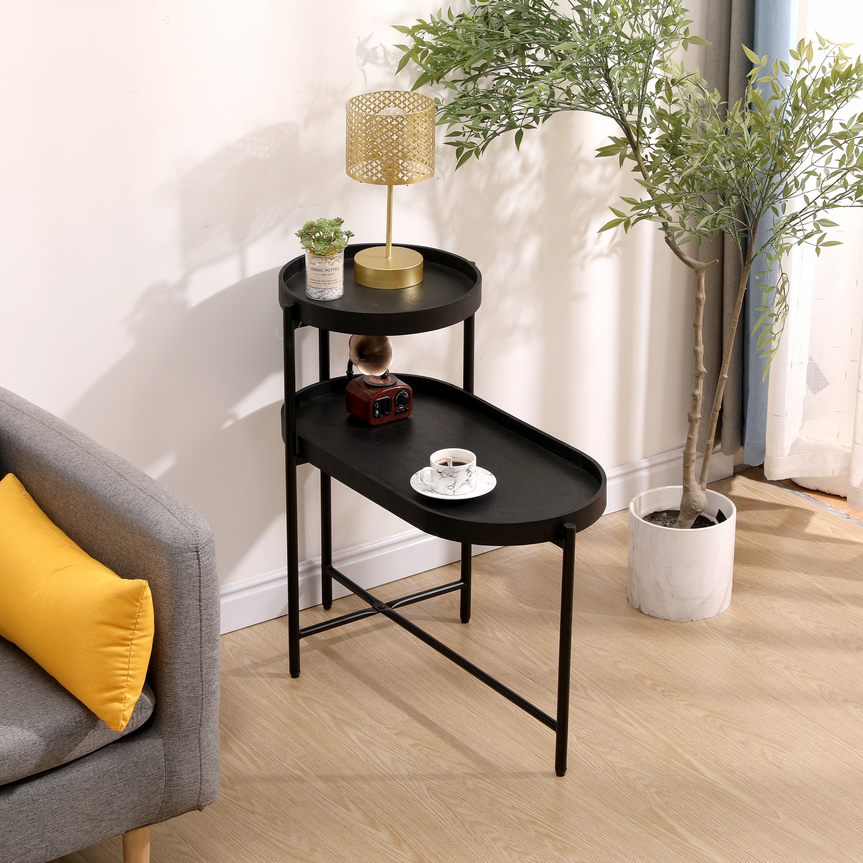 2-Tier Black Side Table with Storage Sofa Table for Living Room Metal Frame &amp; Wooden Desk End Table