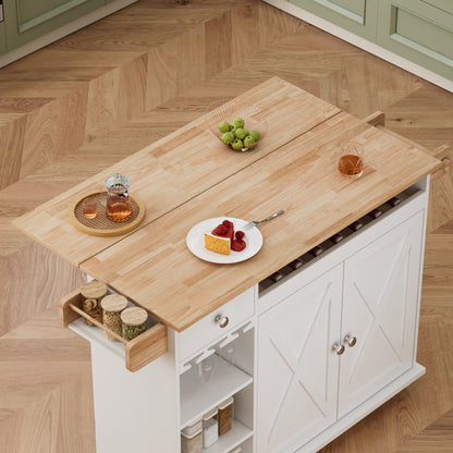 44 Inch Kitchen Island Cart with Solid Wood Top, Wine Storage, Spice Rack, Towel Rack, Wine Glass Holder White &amp; Oak