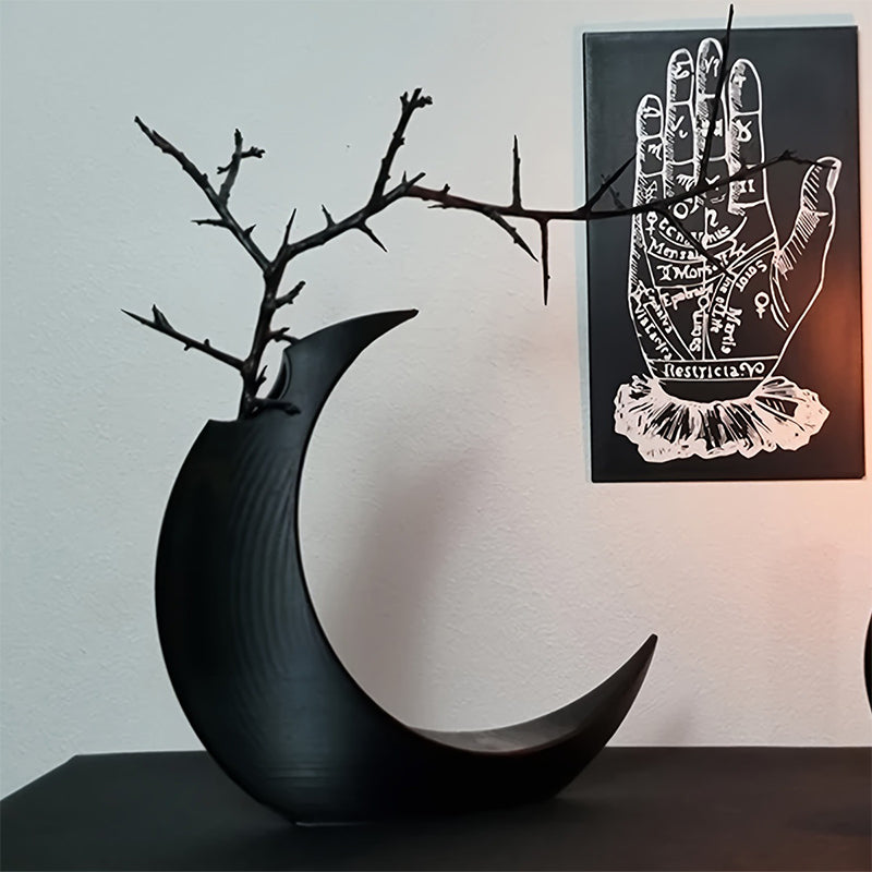 3D-printed Gothic Moon Vase, fits dried &amp; artificial flowers. A unique home decor and desktop charm, a great gift too.